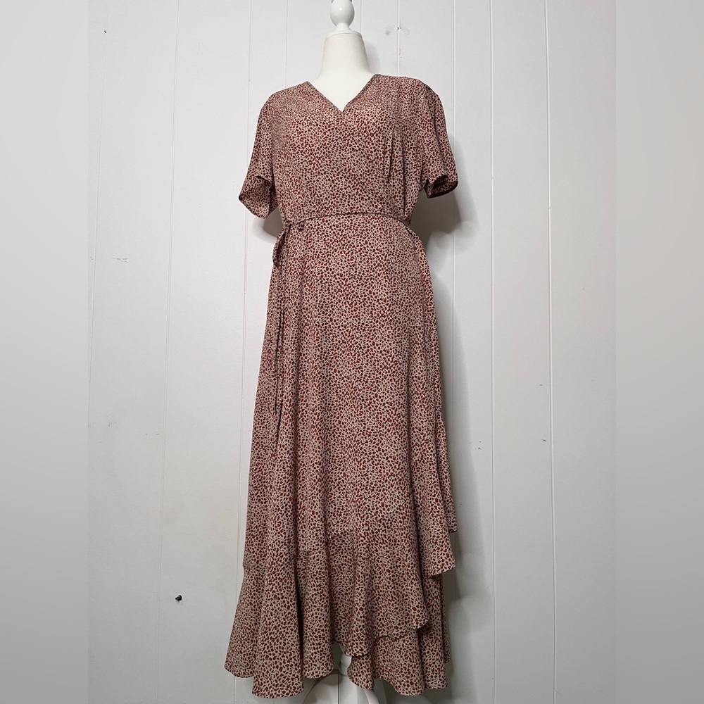 Pretty Garden Animal Print Maxi Wrap Dress Short Sleeve Ruffle Hem Size XL